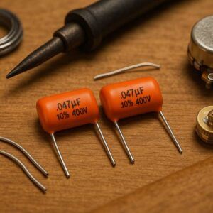 Orange Drop .047uF 716P series capacitors for electric guitar tone circuits on a wooden workbench