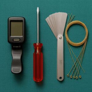 Tools needed for electric guitar intonation setup arranged neatly.