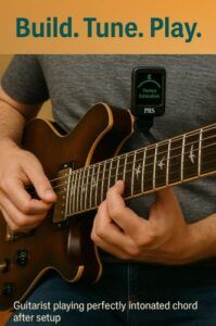 Guitarist playing perfectly intonated chord after setup.