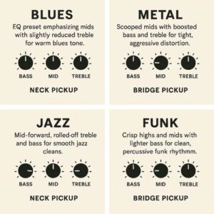 Blues: EQ preset emphasizing mids with slightly reduced treble for warm blues tone. Metal: Scooped mids with boosted bass and treble for tight, aggressive distortion. Jazz: Mid-forward, rolled-off treble and bass for smooth jazz cleans. Funk: Crisp highs and mids with lighter bass for clean, percussive funk rhythm.