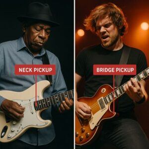 Visual comparison of players using neck pickup for warm tone and bridge pickup for sharp tone.