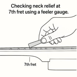 Checking neck relief at 7th fret using a feeler gauge.