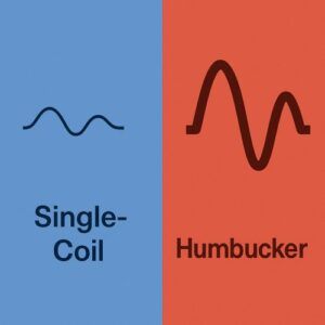 Split graphic comparing single-coil and humbucker pickups with tonal differences shown as waveforms.