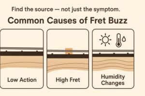 Diagram showing causes of fret buzz including low action, uneven frets, and humidity changes.