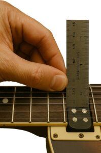 Pressing last fret and measuring pickup height distance.