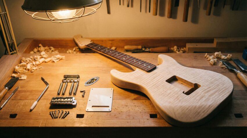 Tremolo system components and guitar kit parts arranged on a workshop bench.