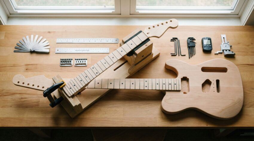 Guitar neck on a setup cradle with tools for adjusting action and intonation.