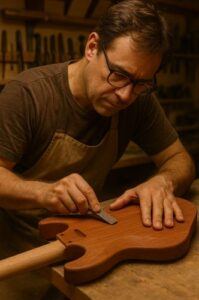 Luthier shaping a guitar body, demonstrating craftsmanship and attention to tonewood selection.