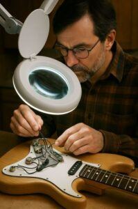 Luthier inspecting guitar wiring for faulty pickup connections.