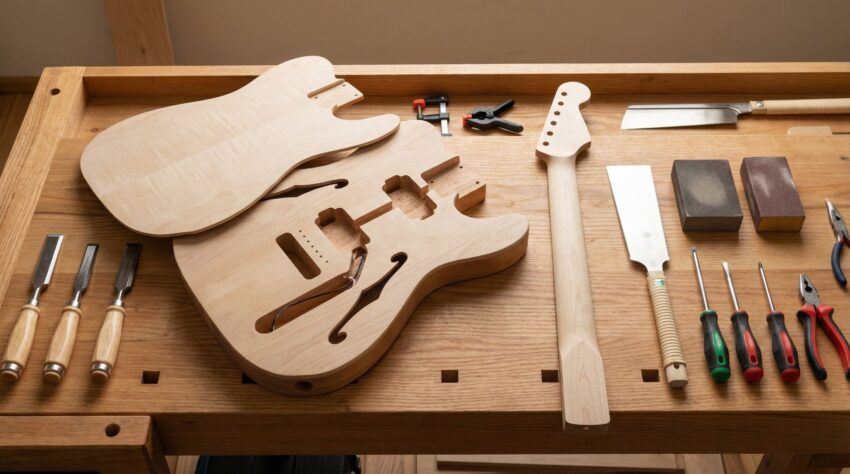 Semi-hollow electric guitar kit body showing internal chambers and luthier tools on a workshop bench.