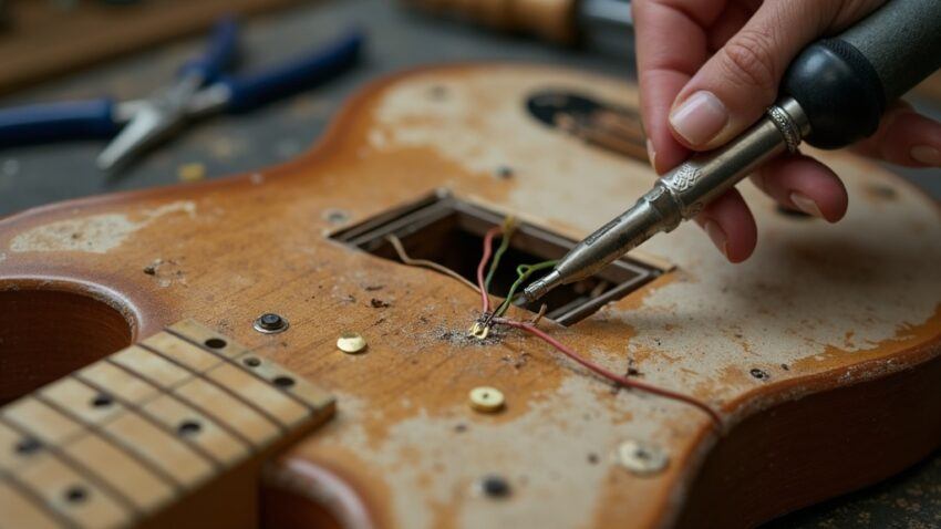 Close-up of soldering electric guitar wiring connections