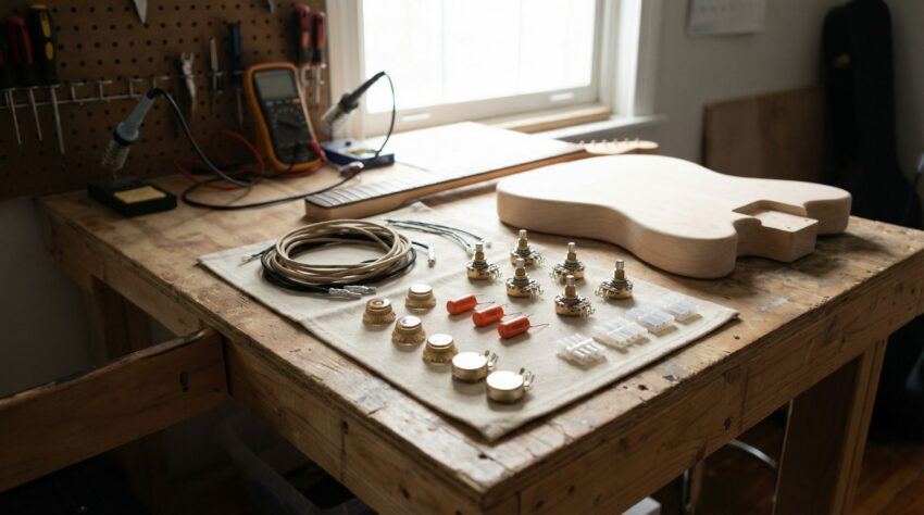 Tone control components and wiring from an electric guitar kit arranged on a clean workshop bench.