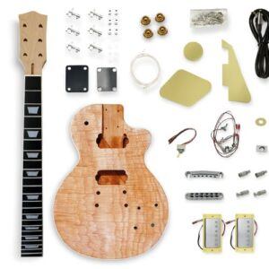 Unassembled Les Paul–style DIY electric guitar kit laid out on a clean white background, showing the flame-maple body, bolt-on neck with inlays, chrome hardware, wiring harness, pickups, plastics, and all included components.