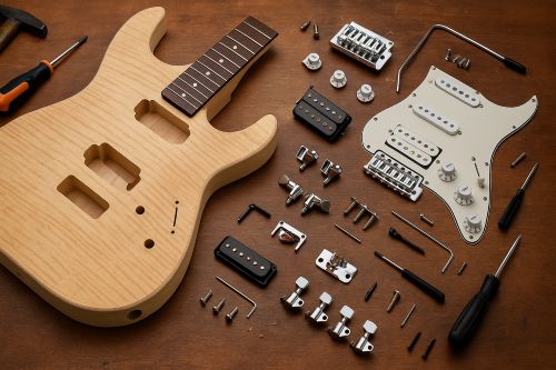 High-resolution hero image of an unassembled electric guitar kit on a wooden workbench with body, pickups, hardware, and tools laid out neatly.
