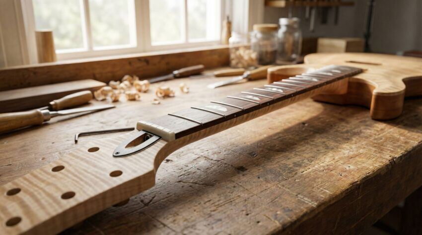 Electric guitar neck resting on a wooden workbench, highlighting the fretboard and neck area for truss rod adjustment