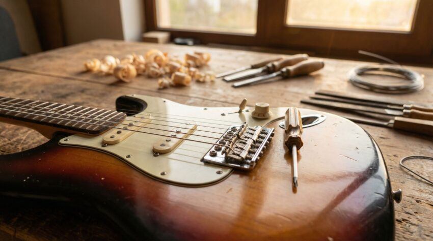 Electric guitar bridge and saddles on a workbench, showing string height adjustments during action setup