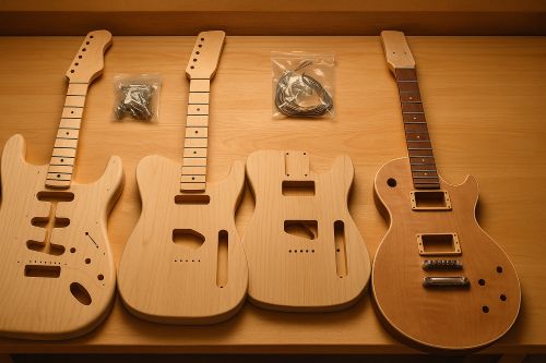 Unfinished Strat, Tele, LP, and SG style guitar bodies with maple necks and hardware laid out on a clean wooden workbench under warm workshop lighting.