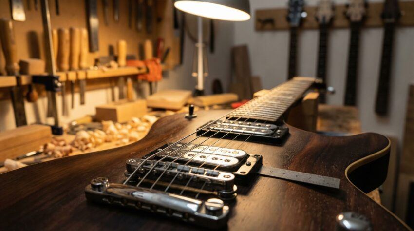 Electric guitar pickups showing pickup height relative to the strings on a workbench