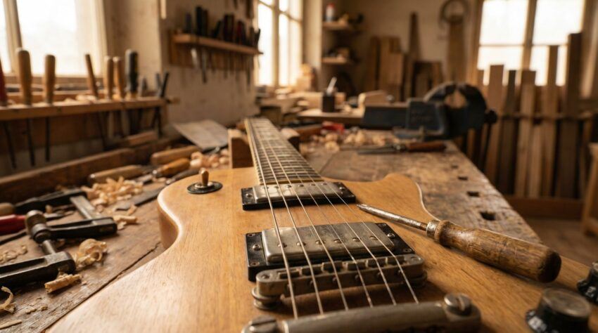 Electric guitar on a workbench with visible pickups and strings, showing pickup height adjustment setup in a guitar workshop