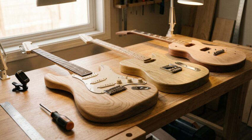 Beginner electric guitar kits displayed on a workbench, showing unfinished Strat-style, Tele-style, and single-cut bodies with necks and basic setup tools.