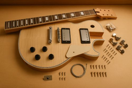 Wide shot of an LP-style DIY guitar kit on a clean workbench, featuring a carved maple top body, separate set-neck with trapezoid inlays, chrome humbuckers, Tune-o-Matic bridge, stop tailpiece, knobs, tuners, wiring, and hardware neatly arranged under warm workshop lighting.