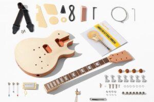 Unassembled Leo Jaymz LP-style DIY guitar kit laid out on a white background, featuring a mahogany single-cut body with maple top, rosewood-fingerboard neck, electronics, hardware, wiring, and included user manual.