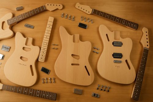 Wide shot of multiple offset-style DIY electric guitar kits laid out on a wooden workbench, featuring unfinished offset bodies, maple necks, and assorted hardware arranged neatly under warm workshop lighting.