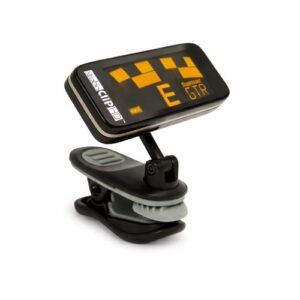 Peterson StroboClip HD clip-on strobe tuner with illuminated display on a white background