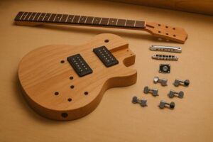 Unassembled single-cut DIY guitar kit laid out on a workbench, showing the unfinished mahogany body with two humbuckers installed, separate maple neck with fretboard, chrome tuners, Tune-o-Matic bridge, stop tailpiece, jack plate, and hardware neatly arranged.