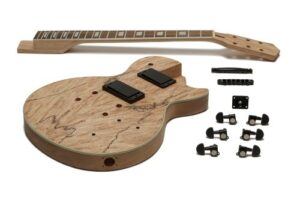 Unassembled DIY LP-style electric guitar kit featuring a spalted maple top body, bolt-on neck with block inlays, and all black hardware components arranged on a white background.
