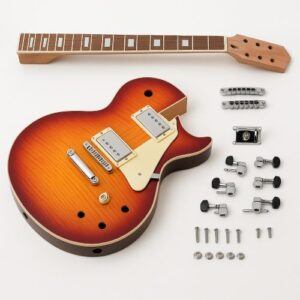 Unassembled LP-style electric guitar kit with sunburst body, separate neck, pickups, bridge, tuners, and hardware laid out on a white background