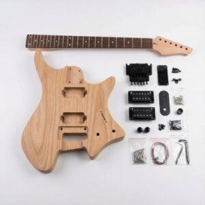 Solo SBK-150 DIY headless electric guitar kit with unfinished solid wood body, bolt-on neck, headless bridge hardware, and pickups arranged on a white background