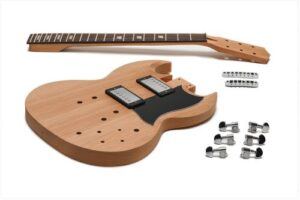Unassembled SG-style DIY electric guitar kit on a white background, featuring the unfinished double-cutaway body, separate neck with inlays, dual humbuckers, black pickguard, bridge pieces, and chrome tuning machines.