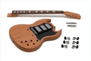 Unassembled SG-style electric guitar kit with natural wood body, detached neck, triple humbuckers, black batwing pickguard, bridge, tuners, and hardware laid out on a white background.