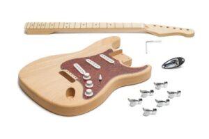 Unassembled Strat-style DIY electric guitar kit with an alder body, maple neck, SSS pickguard, tremolo bridge, tuners, and hardware laid out on a white background.