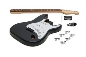 Unassembled Strat-style DIY electric guitar kit with a finished matte-black body, maple neck with rosewood fretboard, white SSS pickguard, tremolo bridge, input jack plate, and chrome tuning machines laid out on a white background.