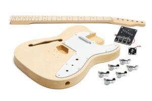 Tele-style semi-hollow DIY guitar kit with unfinished body, maple neck, white pickguard, hardware, and electronics arranged neatly on a white background.