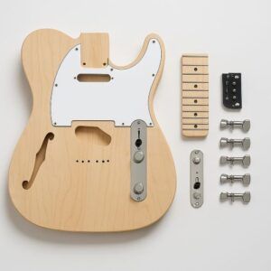 Semi-hollow DIY guitar kit laid out with unfinished body, maple neck, pickguard, and hardware components on a clean white background