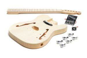 Unfinished semi-hollow Tele-style DIY guitar kit with maple neck, routed body, hardware, and electronics displayed on a white background.