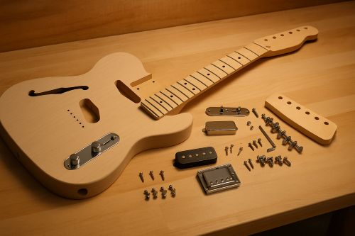Wide shot of an unfinished Tele-style semi-hollow DIY guitar kit laid out on a clean wooden workbench, showing the F-hole body, maple neck, pickups, bridge, control plate, and hardware arranged neatly with warm workshop lighting.