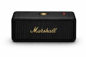 Black Marshall Bluetooth speaker with textured leather-style casing, woven front grille, and gold Marshall logo on a clean white background.