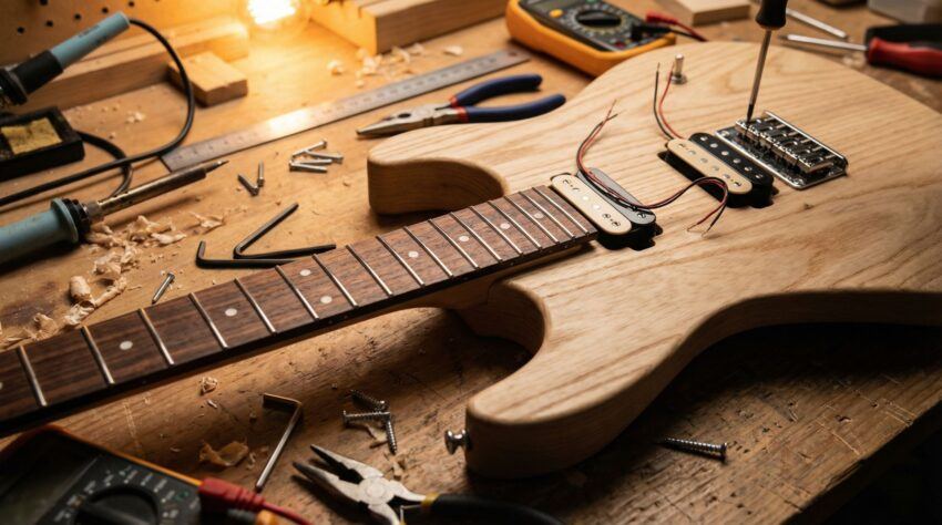 Electric guitar kit parts laid out on a workbench before assembly