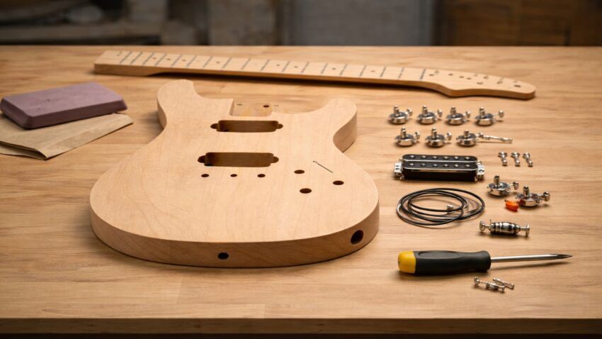 Unfinished electric guitar kit laid out on a workbench showing a realistic beginner build in progress