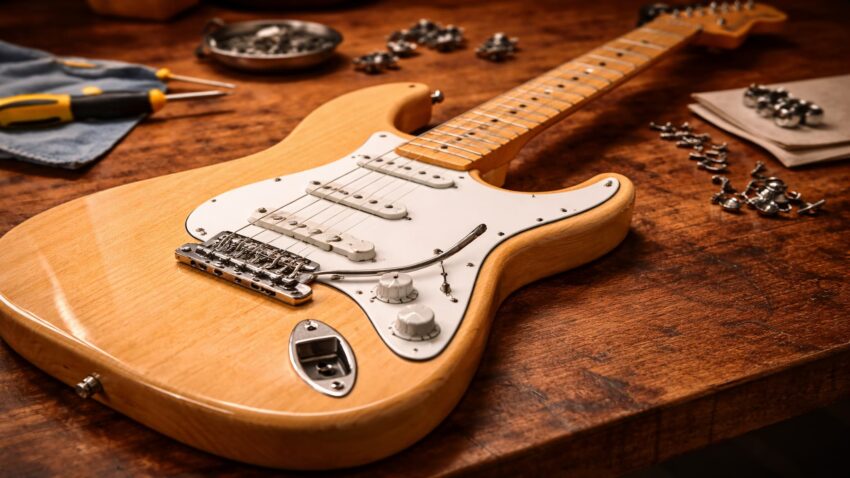 stratocaster style electric guitar with natural wood finish on a wooden workbench, tools and small parts neatly arranged in background, warm workshop lighting, shallow depth of field