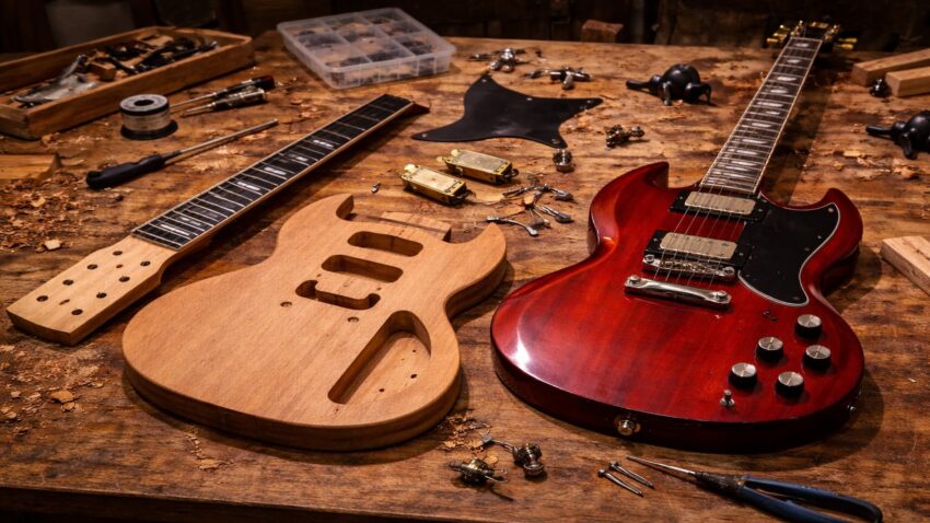 SG style electric guitar kit body and neck beside a finished cherry red SG guitar on a luthier workbench with humbuckers, wiring parts, and tools visible